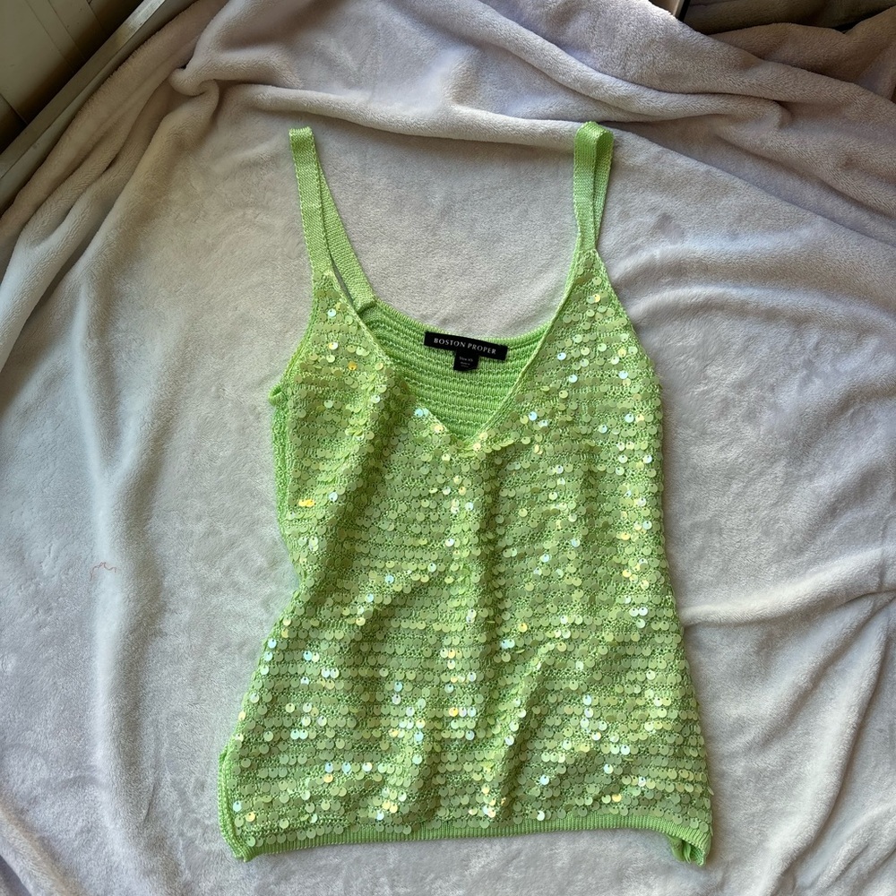 Boston Proper green knit crochet sequined v neck cami tank top